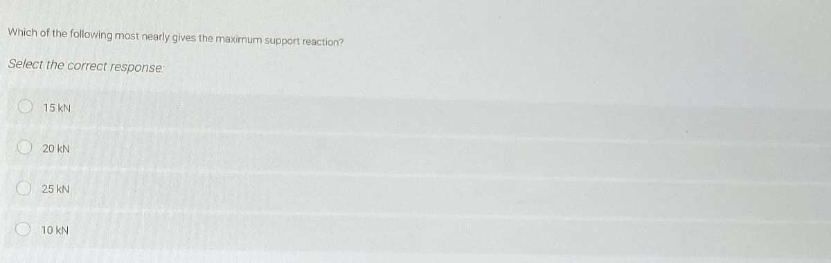 Which of the following most nearly gives the maximum support reaction?
Select the correct response:
15 kN
20 kN
25 kN
10 kN
