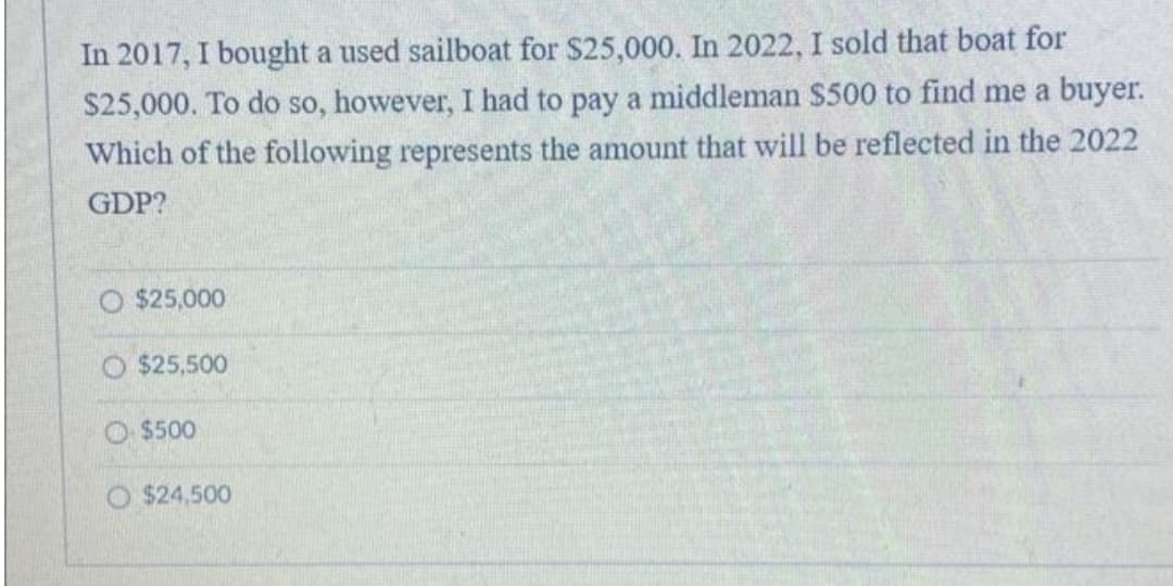 In 2017, I bought a used sailboat for $25,000. In 2022, I sold that boat for
$25,000. To do so, however, I had to pay a middleman $500 to find me a buyer.
Which of the following represents the amount that will be reflected in the 2022
GDP?
$25,000
$25,500
$500
O $24.500