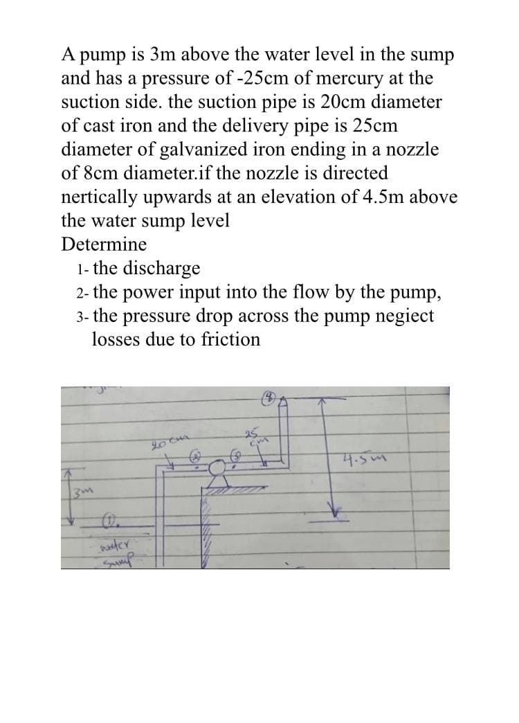 A pump is 3m above the water level in the
sump
and has a pressure of -25cm of mercury at the
suction side. the suction pipe is 20cm diameter
of cast iron and the delivery pipe is 25cm
diameter of galvanized iron ending in a nozzle
of 8cm diameter.if the nozzle is directed
nertically upwards at an elevation of 4.5m above
the water sump level
Determine
1- the discharge
2- the power input into the flow by the
3- the pressure drop across the pump negiect
pump,
losses due to friction
25
Lo Ca
4.5m
13m
