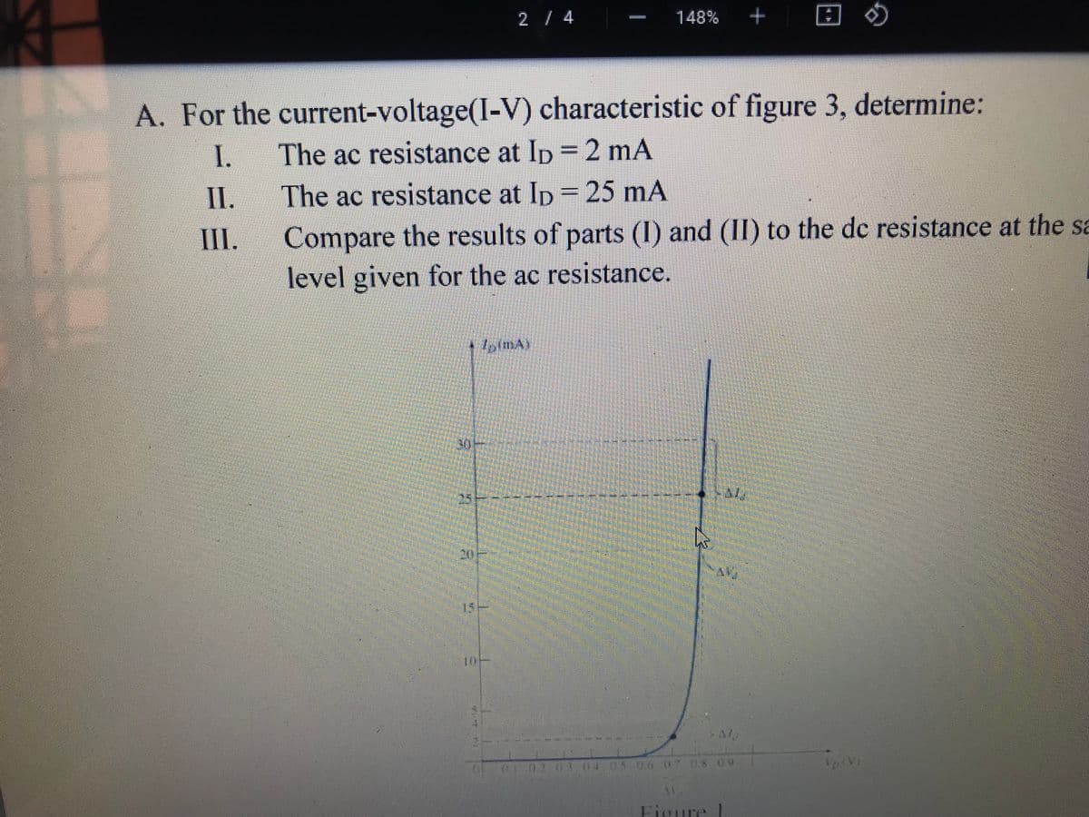 A. For the
I.
II.
III.
2 / 4
current-voltage(I-V) characteristic of figure 3, determine:
The ac resistance at ID = 2 mA
148% +
The ac resistance at ID = 25 mA
Compare the results of parts (1) and (II) to the de resistance at the sa
level given for the ac resistance.
Jo(mA)
DE
Figure
VIVE