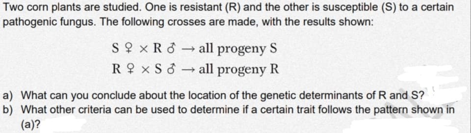 Two corn plants are studied. One is resistant (R) and the other is susceptible (S) to a certain
pathogenic fungus. The following crosses are made, with the results shown:
S x R d→ all progeny S
R 9 x S d all progeny R
a) What can you conclude about the location of the genetic determinants of R and S?
b) What other criteria can be used to determine if a certain trait follows the pattern shown in
(a)?
