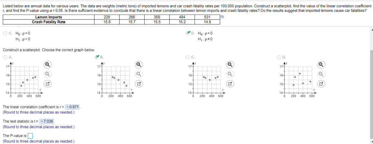 Listed below are annual data for various years. The data are weights (metric tons) of imported lemons and car crash fatality rates per 100,000 population. Construct a scatterplot, find the value of the linear correlation coefficient
r, and find the P-value using a =0.05. Is there sufficient evidence to conclude that there is a linear correlation between lemon imports and crash fatality rates? Do the results suggest that imported lemons cause car fatalities?
228
Lemon Imports
Crash Fatality Rate
266
358
484
531
15.8
15.7
15.5
15.2
14.8
O C. Ho: p=0
YD. Ho: p=0
H,:p>0
H1: p#0
Construct a scatterplot. Choose the correct graph below.
O A.
В.
Oc.
C.
OD.
Ay
17-
Ay
174
Ay
17-
Ay
17-
16-
16-
16-
16-
15-
15-
15-
15-
14-
14-
14+
14-
->
600
->
200 400 600
200
400 600
200
400
200
400 600
The linear correlation coefficient is r= -0.971.
(Round to three decimal places as needed.)
The test statistic is t= - 7.036
.
(Round to three decimal places as needed.)
The P-value is
(Round to three decimal places as needed.)
