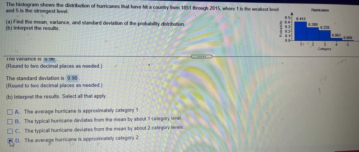 The histogram shows the distribution of hurricanes that have hit a country from 1851 through 2015, where 1 is the weakest level
and 5 is the strongest level.
Huricanes
0.5 0.413
È 0.44
0.3
0.2
e 0.14
0.01
(a) Find the mean, variance, and standard deviation of the probability distribution.
(b) Interpret the results.
0.289
0.228
0.061
0.009
Category
.....
ine variance is u.9b
(Round to two decimal places as needed.)
The standard deviation is 0.98
(Round to two decimal places as needed.)
(b) Interpret the results. Select all that apply.
O A. The average hurricane is approximately category 1.
O B. The typical hurricane deviates from the mean by about 1 category level.
O C. The typical hurricane deviates from the mean by about 2 category levels.
D. The average hurricane is approximately category 2.
