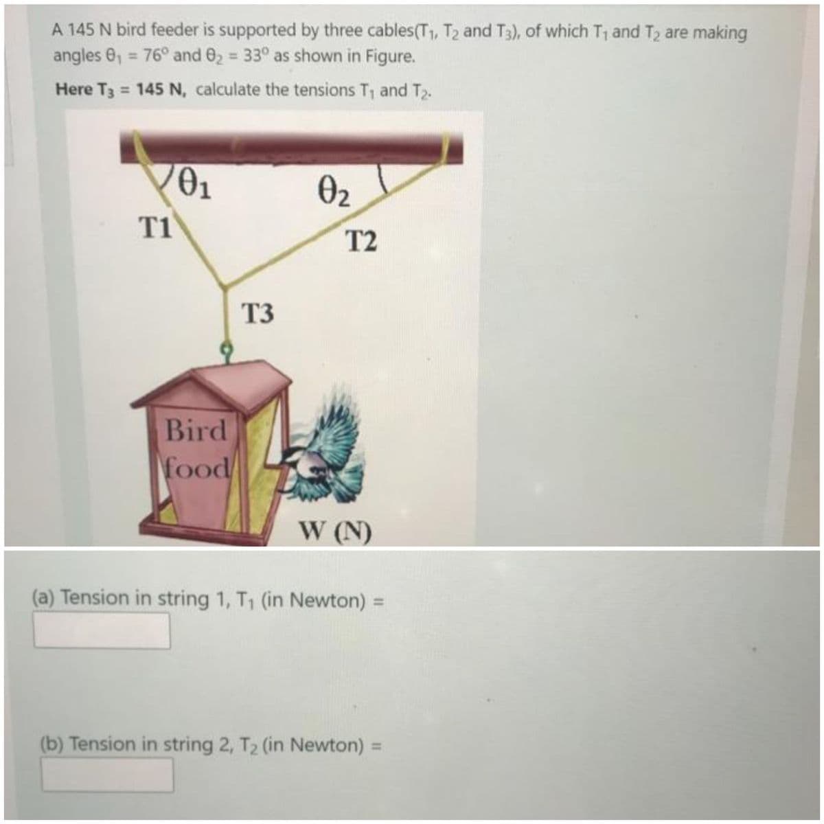 A 145 N bird feeder is supported by three cables(T1, T2 and T3), of which T1 and T2 are making
angles 0, = 76° and 02 33° as shown in Figure.
Here T3 = 145 N, calculate the tensions T, and T2.
O2
T1
T2
T3
Bird
food
W (N)
(a) Tension in string 1, T1 (in Newton) =
%3D
(b) Tension in string 2, T2 (in Newton) =
