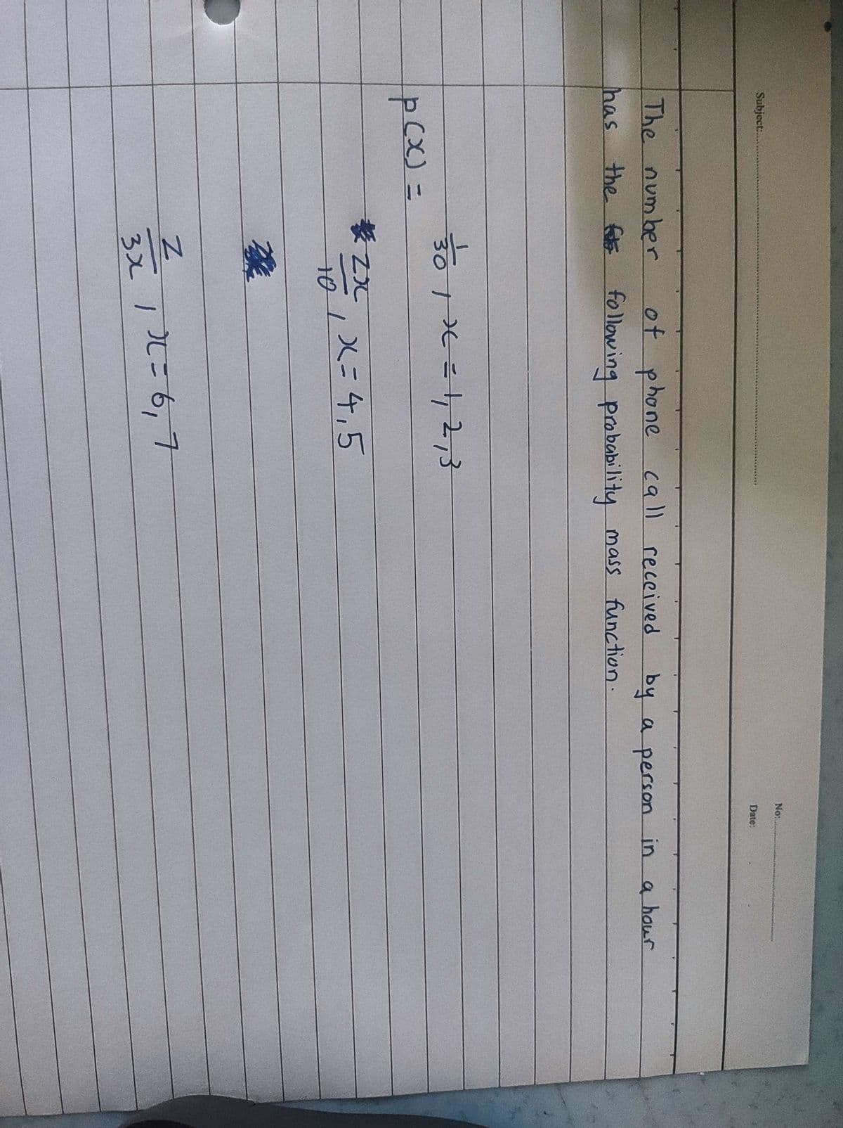 Subject.
No:
Date:
The number
of phone call received
has the fE following probability mass function.
By a person in a hour
pox)3=
Cx)%3D
X=4,5
10L
to
3x11=6,7
