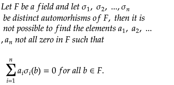 Let F be a field and let 01, 02, ..., On
be distinct automorhisms of F, then it is
not possible to find the elements a₁, A2,
,an not all zero in F such that
n
Σa₁0;(b) = 0 for all b = F.
i=1
...