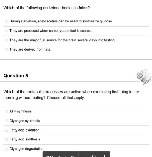 Which of the following on ketone bodies is false?
During starvation, acetoacetate can be used to synthesize glucose.
They are produced when carbohydrate fuel is scares.
They are the major fuel source for the brain several days into fasting.
O They are derived from fats
Question 5
Which of the metabolic processes are active when exercising first thing in the
morning without eating? Choose all that apply.
ATP synthesis
O Glycogen synthesis
O Fatty acid oxidation
Fatty acid synthesis
O Glycogen degradation
Dogo
