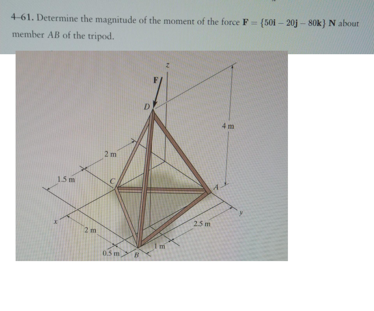 4-61. Determine the magnitude of the moment of the force F = {50i - 20j - 80k} N about
member AB of the tripod.
1.5 m
2 m
2 m
0.5 m B
D
F
1 m
N
2.5 m
4 m
AL