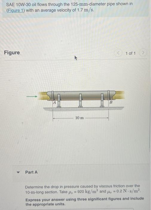 SAE 10W-30 oil flows through the 125-mm-diameter pipe shown in
(Figure 1) with an average velocity of 1.7 m/s.
Figure
▼
Part A
10 m
B
< 1 of 1
Determine the drop in pressure caused by viscous friction over the
10-m-long section. Take po = 920 kg/m³ and 4 = 0.2 N-s/m².
Express your answer using three significant figures and include
the appropriate units.