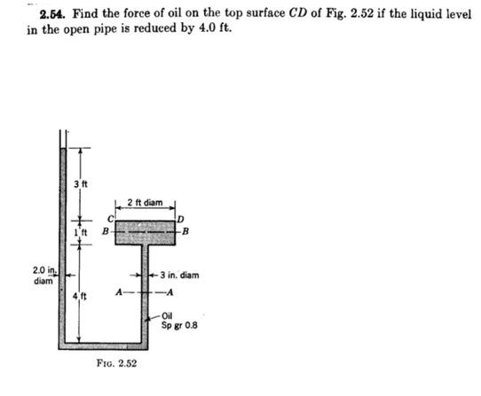 2.54. Find the force of oil on the top surface CD of Fig. 2.52 if the liquid level
in the open pipe is reduced by 4.0 ft.
2.0 in.
diam
3 ft
+=+
1 ft
4 ft
B+
2 ft diam
A-
FIG. 2.52
D
B
3 in, diam
-A
-Oil
Sp gr 0.8