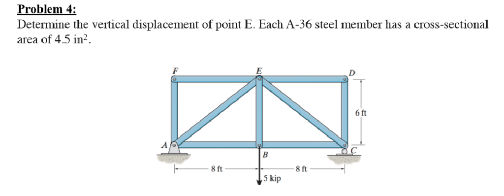 Problem 4:
Determine the vertical displacement of point E. Each A-36 steel member has a cross-sectional
area of 4.5 in².
F
8 ft
B
5 kip
-8 ft
6 ft