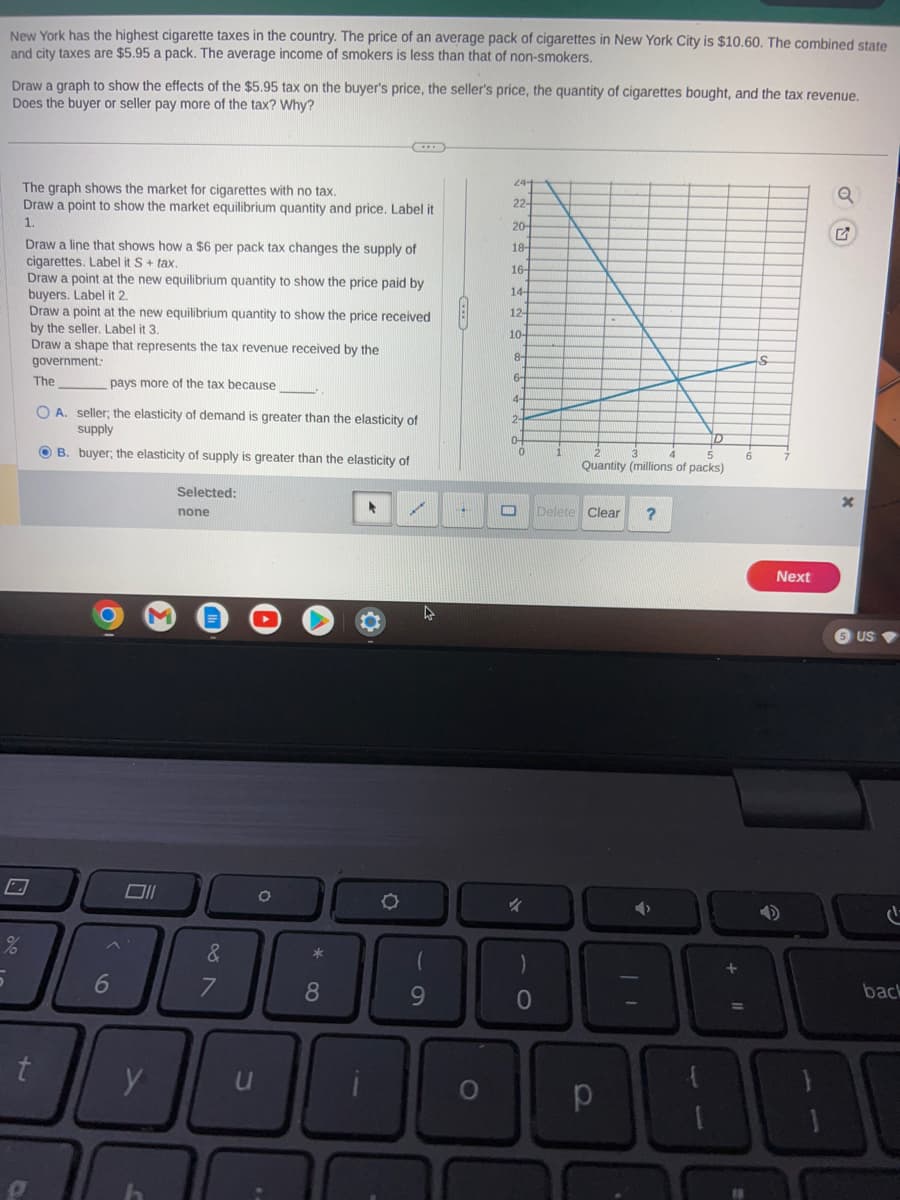 New York has the highest cigarette taxes in the country. The price of an average pack of cigarettes in New York City is $10.60. The combined state
and city taxes are $5.95 a pack. The average income of smokers is less than that of non-smokers.
Draw a graph to show the effects of the $5.95 tax on the buyer's price, the seller's price, the quantity of cigarettes bought, and the tax revenue.
Does the buyer or seller pay more of the tax? Why?
5
The graph shows the market for cigarettes with no tax.
Draw a point to show the market equilibrium quantity and price. Label it
1.
%
Draw a line that shows how a $6 per pack tax changes the supply of
cigarettes. Label it S + tax.
Draw a point at the new equilibrium quantity to show the price paid by
buyers. Label it 2.
Draw a point at the new equilibrium quantity to show the price received
by the seller. Label it 3.
Draw a shape that represents the tax revenue received by the
government:
t
O
The
pays more of the tax because___________.
OA. seller, the elasticity of demand is greater than the elasticity of
supply
OB. buyer; the elasticity of supply is greater than the elasticity of
O
6
M
Oll
y
Selected:
none
&
7
*
8
*
O
A
(
9
1
24+
22-
20-
18-
16-
14-
12-
10-
8-
6-
4-
2-
0-
O
0
)
0
Quantity (millions of packs)
Delete Clear
р
?
11
S
Next
x
SUS
back