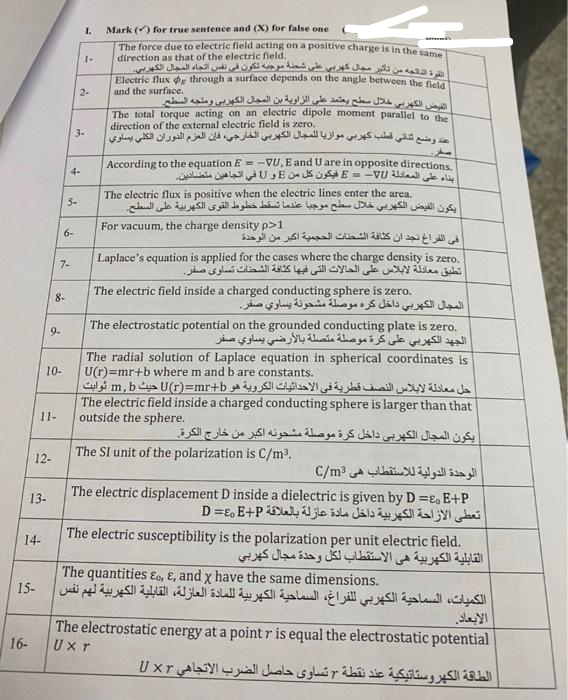 16-
14-
15-
12-
13-
11-
9-
10-
7-
8-
5-
3-
6-
4-
..
2-
۱۰
Mark () for true sentence and (X) for false one
The force due to electric field acting on a positive charge is in the same
direction as that of the electric field.
القوة الناتجة من تأثير مجال كهربي على شحنة موجبه تكون في نفس اتجاه المجال الكهربي
Electric flux g through a surface depends on the angle between the field
and the surface.
الفيض الكهربي خلال سطح يعتمد على الزاوية بن المجال الكهربي ومتجه السطح
The total torque acting on an electric
direction of the external electric field is zero.
dipole moment parallel to the
عند وضع ثنائي قطب كهرب�� موازيا للمجال الكهربي الخارجي، فإن العزم الدوران الكلي يساوي
مار
| According to the equation E = - VU, E and U are in opposite directions.
بناء على المعادلة E = - VU فيكون كل من E و U في اتجاهين متضادين.
يكون الفيض الكهربي خلال سطح موجبا عندما تسقط خطوط القوى الكهربية على السطح.
في الفراغ نجد أن كثافة الشحنات الحجمية أكبر من الوحدة
The electric flux is positive when the electric lines enter the area.
For vacuum, the charge density p>1
Laplace's equation is applied for the cases where the charge density is zero.
تطيق معادلة لابلاس على الحالات التي فيها كثافة الشحنات تساوي صفر.
The electric field inside a charged conducting sphere is zero.
المجال الكهربي داخل كره موصلة مشحونة يساوي صفر.
The electrostatic potential on the grounded conducting plate is zero.
الجهد الكهربي على كرة موصلة متصلة بالأرضي يساوي صفر
The radial solution of Laplace equation in spherical coordinates is
U(r)=mr+b where m and b are constants.
حل معادلة لابلاس النصف قطرية في الاحداثيات الكروية هو Ur=mr+b حيث m, b ثوابت
The electric field inside a charged conducting sphere is larger than that
outside the sphere.
يكون المجال الكهربي داخل كرة موصلة مشحونه أكبر من خارج الكرة.
The Sl unit of the polarization is C/m3.
الوحدة الدولية للاستقطاب هي C/m3
The electric displacement D inside a dielectric is given by D=E, E+P
تعطى الازاحة الكهربية داخل مادة عازلة بالعلاقة D =E E+P
The electric susceptibility is the polarization per unit electric field.
القابلية الكهربية هي الاستقطاب لكل وحدة مجال كهربي
The quantities Eo, E, and x have the same dimensions.
الكميات، السماحية الكهربي للفراغ، السماحية الكهربية للمادة العازلة، القابلية الكهربية لهم نفس
الابعاد.
The electrostatic energy at a point r is equal the electrostatic potential
Uxr
الطاقة الكهروستاتيكية عند نقطة 3 تساوي حاصل الضرب الاتجاهي U x r