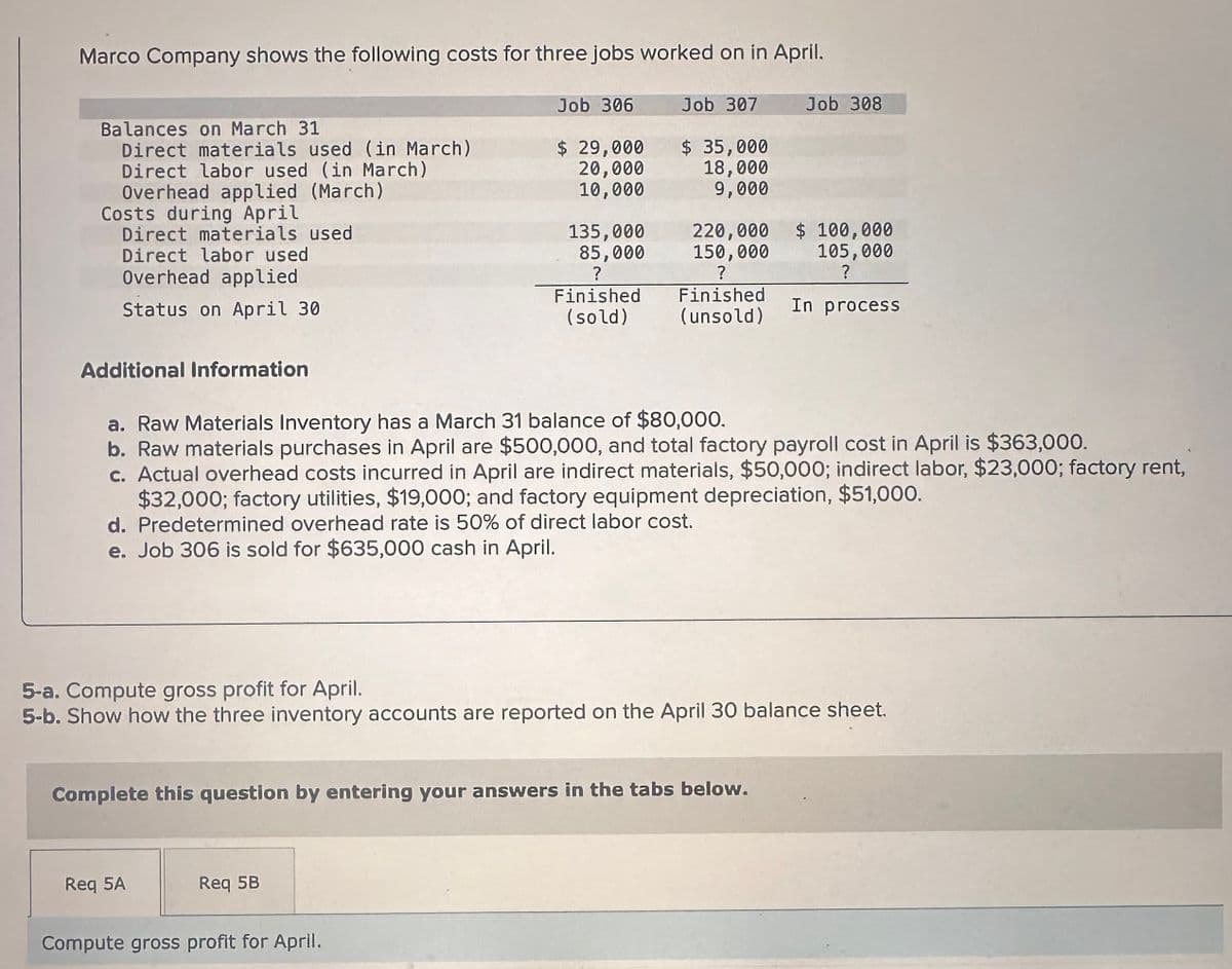 Marco Company shows the following costs for three jobs worked on in April.
Job 306
Job 307
Job 308
Balances on March 31
Direct materials used (in March)
$ 29,000
Direct labor used (in March)
20,000
Overhead applied (March)
10,000
$ 35,000
18,000
9,000
Costs during April
Direct materials used
135,000
220,000 $ 100,000
Direct labor used
Overhead applied
Status on April 30
85,000
?
Finished
(sold)
150,000
105,000
?
Finished
(unsold)
In process
Additional Information
a. Raw Materials Inventory has a March 31 balance of $80,000.
b. Raw materials purchases in April are $500,000, and total factory payroll cost in April is $363,000.
c. Actual overhead costs incurred in April are indirect materials, $50,000; indirect labor, $23,000; factory rent,
$32,000; factory utilities, $19,000; and factory equipment depreciation, $51,000.
d. Predetermined overhead rate is 50% of direct labor cost.
e. Job 306 is sold for $635,000 cash in April.
5-a. Compute gross profit for April.
5-b. Show how the three inventory accounts are reported on the April 30 balance sheet.
Complete this question by entering your answers in the tabs below.
Req 5A
Req 5B
Compute gross profit for April.