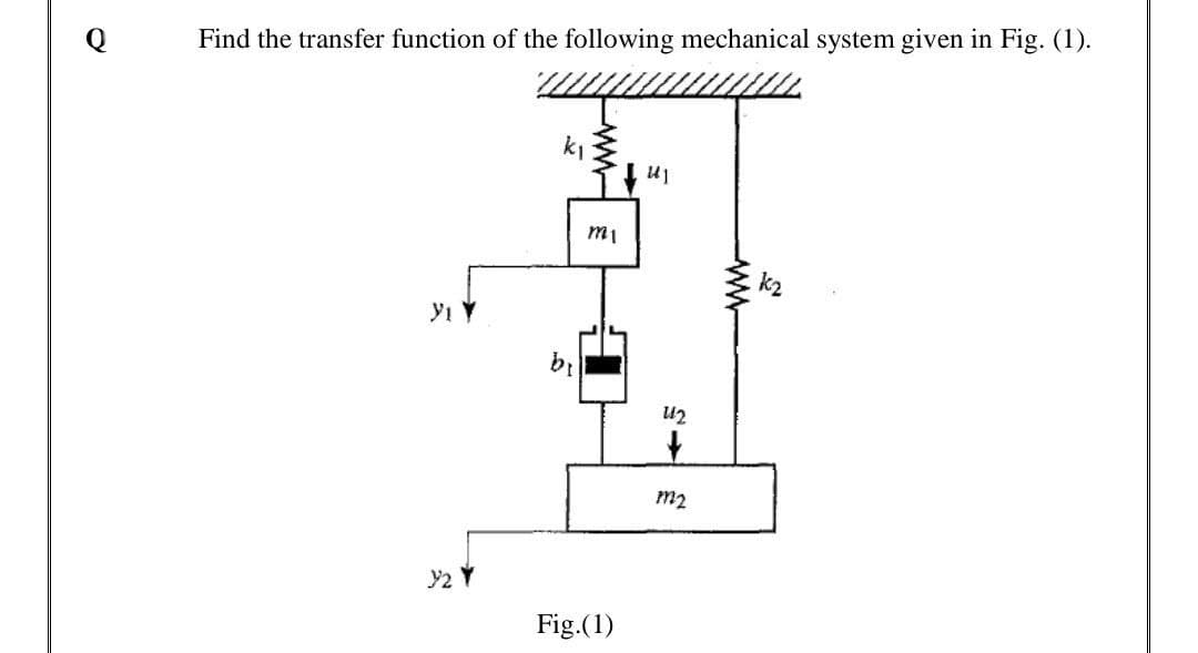 Find the transfer function of the following mechanical system given in Fig. (1).
In
k2
yı Y
u2
m2
y2 Y
Fig.(1)
