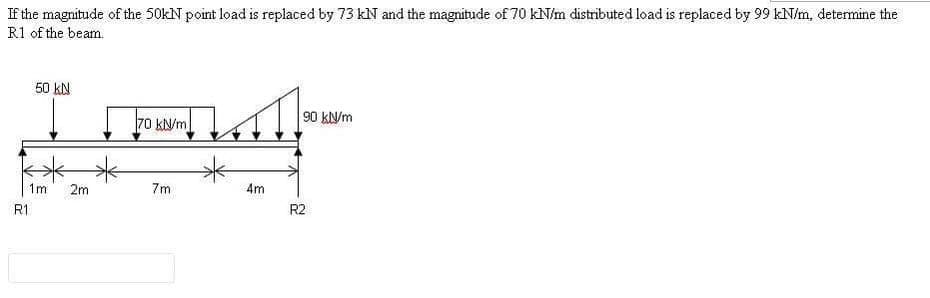 If the magnitude of the 50klN point load is replaced by 73 klN and the magnitude of 70 kN/m distributed load is replaced by 99 kN/m, determine the
R1 of the bearn.
المية
R1
50 KN
1m 2m
70 kN/m
7m
4m
90 kN/m
R2