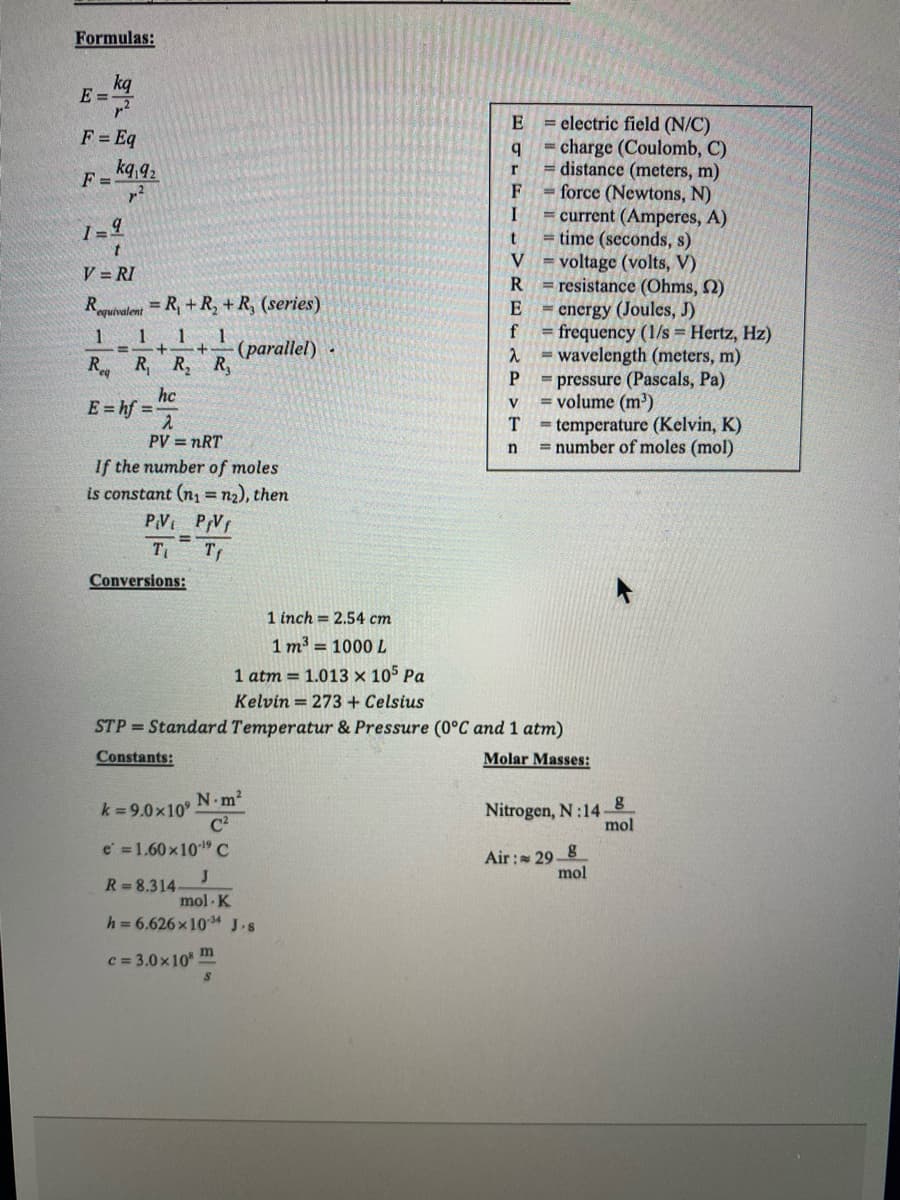 Formulas:
kq
E =
= electric field (N/C)
charge (Coulomb, C)
= distance (meters, m)
force (Newtons, N)
= current (Amperes, A)
time (seconds, s)
V
F = Eq
%3D
kq 92
F =
r
voltage (volts, V)
R =resistance (Ohms, 2)
V = RI
Rquivalent = R, +R, + R, (series)
energy (Joules, J)
f
E
= frequency (1/s = Hertz, Hz)
= wavelength (meters, m)
= pressure (Pascals, Pa)
= volume (m³)
= temperature (Kelvin, K)
= number of moles (mol)
1
1
1
(parallel)
%3D
R R, R R,
hc
E= hf =
V
PV = nRT
n
If the number of moles
is constant (n1 = n2), then
PV PVr
T
Tr
Conversions:
1 inch = 2.54 cm
1 m3 = 1000 L
1 atm = 1.013 × 105 Pa
Kelvin = 273 + Celsius
STP = Standard Temperatur & Pressure (0°C and 1 atm)
Constants:
Molar Masses:
N.m2
Nitrogen, N:14-
mol
k =9.0x10°
e =1.60x101 C
Air: 29 8
mol
R=8.314-
mol- K
h = 6.626x1034 J.s
C = 3.0x10 Dm
