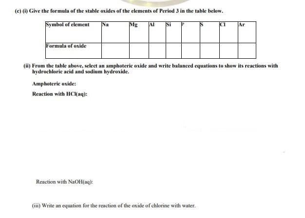 (c) (i) Give the formula of the stable oxides of the elements of Period 3 in the table below.
Symbol of element
Na
Mg
Al
Si
CI
Ar
Formula of oxide
(ii) From the table above, select an amphoteric oxide and write balanced equations to show its reactions with
hydrochloric acid and sodium hydroxide.
Amphoteric oxide:
Reaction with HC(aq):
Reaction with NaOH(aq):
(ii) Write an equation for the reaction of the oxide of chlorine with water.
