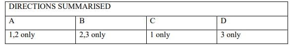 DIRECTIONS SUMMARISED
A
B
C
D
1,2 only
2,3 only
1 only
3 only
