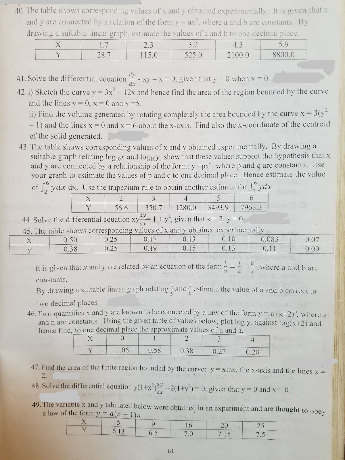 40. The table shows corresponding values of x and y obtained experimentally. It is given that x
and y are connected by a relation of the form y = ax", where a and b are constants. By
drawing a suitable linear graph, estimate the values of a and b to one decimal place.
X
1.7
2.3
3.2
4.3
5.9
Y
28.7
115.0
525.0
2100.0
8800.0
41. Solve the differential equation
dy
- xy – X = 0, given that y = 0 when x = 0.
%3
dx
42. i) Sketch the curve y = 3x² – 12x and hence find the area of the region bounded by the curve
and the lines y = 0, x = 0 and x =5.
ii) Find the volume generated by rotating completely the area bounded by the curve x = 3(y"
%3D
2
1) and the lines x = 0 and x = 6 about the x-axis. 'Find also the x-coordinate of the centroid
of the solid generated.
43. The table shows corresponding values of x and y obtained experimentally. By drawing a
suitable graph relating log10x and log10y, show that these values support the hypothesis that x
and y are connected by a relationship of the form: y =px", where p and q are constants. Use
your graph to estimate the values of p and q to one decimal place. Hence estimate the value
of , ydx dx. Use the trapezium rule to obtain anóther estimate for J, ydx
9-
2
4
56.6
1280.0
3493.9
7963.3
350.7
dy
Y
44. Solve the differential equation xy 1+y, given that x = 2, y = 0
45. The table shows corresponding values of x and y obtained experimentally.
dx
0.50
0.25
0.17
0.13
0.10
0.083
0.07
0.38
0.25
0.19
0.15
0.13
0.11
0.09
V
It is given that x and y are related by an equation of the form
where a and b are
constants.
By drawing a suitable linear graph relating - and- estimate the value of a and b correct to
y
two decimal places.
46. Two quantities x and y are known to be connected by a law of the form y = a (x+2)", where a
and n are constants. Using the given table of values below, plot log y, against log(x+2) and
hence find, to one decimal place the approximate values ofn and a.
1
Y
1.06
0.58
0.38
0.27
0.20
47. Find the area of the finite region bounded by the curve: y=xlnx, the x-axis and the lines x
2.
48. Solve the differential equation y(1+x*)-2(1+y*) = 0, given that y = 0 and x = 0.
dy
dx
49. The variable x and y tabulated below were obtained in an experiment and are thought to obey
a law of the form:y = a(x – 1)n.
5.
6.13
9.
16
20
25
Y
6.5
7.0
7.15
7.5
61
