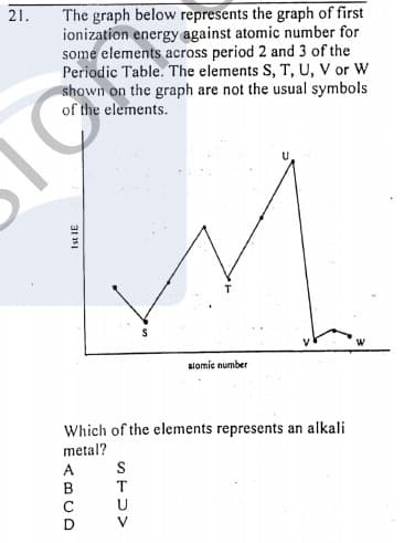 The graph below represents the graph of first
ionization energy against atomic number for
some elements across period 2 and 3 of the
Periodic Table. The elements S, T, U, V or W
shown on the graph are not the usual symbols
of the elements.
21.
alomic number
Which of the elements represents an alkali
metal?
S
A
T
Ist IE
