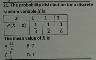 21. The probability distribution for a discrete
random variable X is
1
2
P(X = z)
%3D
6
The mean value of X is
11
A.
6.
5.
C.
B. 2
D. 1
3.
12
13
