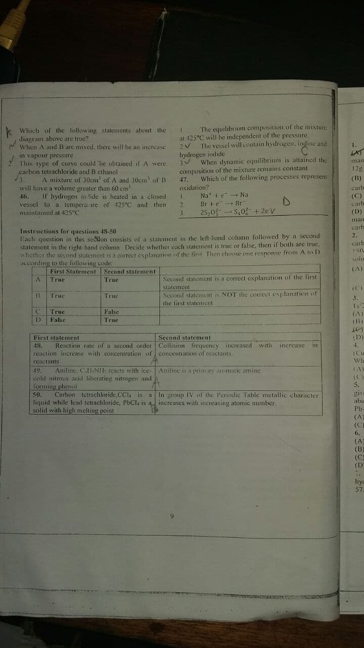 The equilibrium composition of the mixture
at 425°C will be independent of the pressure
The vessel will coutain hydrogen, iodine and
A Which of the following statements about the
diagram above are true?
When A andB are mixed, there will be an increase
in vapour pressure
This type of curve could be obtained if A were
carbon tetrachloride and B ethanol
3.
will have a volume greater than 60 em
1.
LAT
hydrogen iodide
When dynamic equilibrium is attained the
composition of the mixture remains constant
Which of the following processes represent
man
12g
A mixture of 30cm of A and 30em of B
47.
(B)
oxidation?
carb
Na' +e - Na
Br +e Br
2S,0 -- S,02 +2eV
46.
If hydrogen io fide is heated in a closed
(C)
vessel to a temperai ire of 425°C and then
maintained at 425°C
2.
carb
(D)
man
carb
Instructions for questions 48-50
Each question in this seciion consists of a statement in the left-hand column followed by a second
statement in the right-hand column. Decide whether each statement is true or false, then if both are true,
hether the second statement is a correet explanatinn of the first Then choose rine response from A to lD
according to the following code:
2.
carb
soith
First Statement Second statement
(A)
)
True
Second statenment is a correct explanation of the first
A
True
statement
Second stateient is NOT tlhe correet esplanation of
the first statenent
True
True
3.
Is
True
False
(A)
D
False
True
(B)
First statement
Second statement
(D)
48.
Reaction cate of a second order Collision frequency increased with
increase
4.
reaction increase with concentration of concentration of reactants.
reactants
Wh
49.
Aniline. C.IINH reacts with ce-
Aniline is a primary aomatie amine
GA)
(C)
5.
cold nitrous acid liberating nitrogen and
forming phenal
Carbon tetruchloride,CCla is a
liquid while lead tetrachloride, PbCla is a increases with increasing atomic number.
solid with higlı melting point
give
abu
50.
In group IV al the Periodie Table metallic character
Pb-
(A)
(C)
6.
(A)
(B)
(C)
(D
hyo
57
9.
