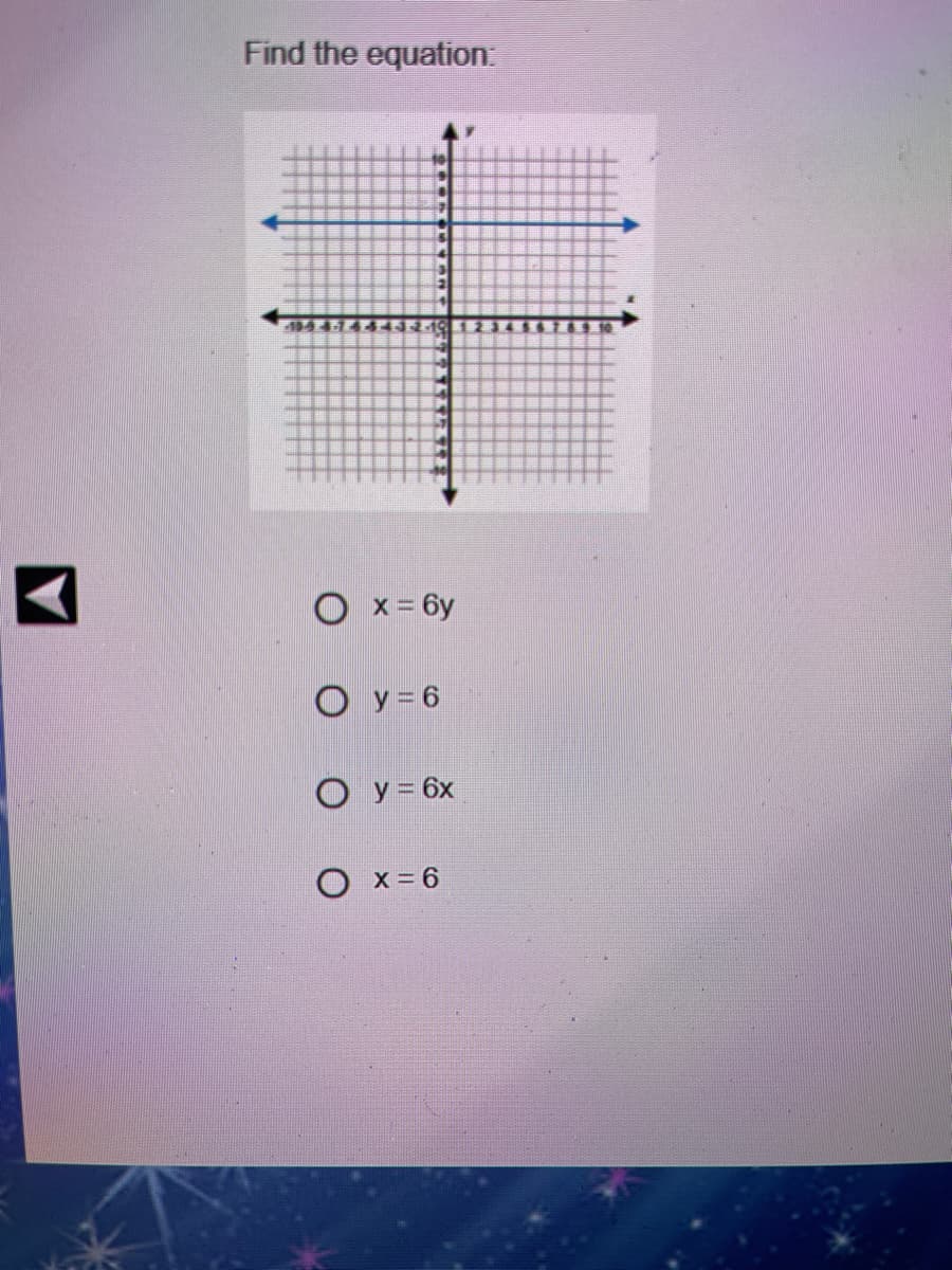 Find the equation.
O x= 6y
O y = 6
O y = 6x
O x=6
