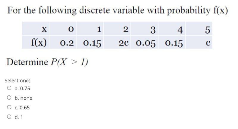 For the following discrete variable with probability f(x)
X
1
2
3
4
f(x)
0.2 0.15
20 0.05 0.15
Determine P(X > 1)
Select one:
O a. 0.75
O b. none
O c. 0.65
O d. 1
