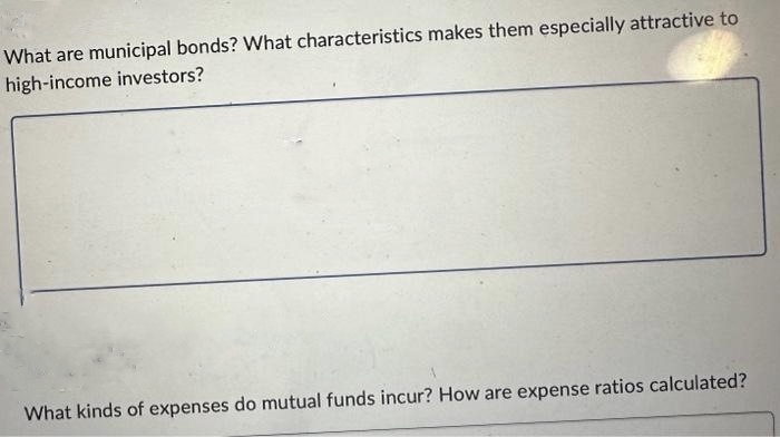 What are municipal bonds? What characteristics makes them especially attractive to
high-income investors?
What kinds of expenses do mutual funds incur? How are expense ratios calculated?