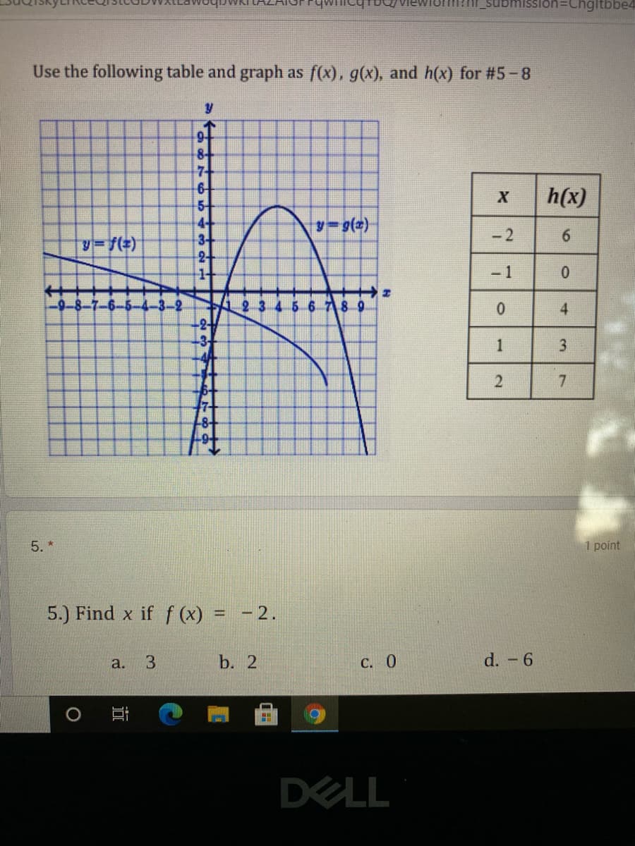 on=Chgltbbe4
Use the following table and graph as f(x), g(x), and h(x) for #5-8
8+
7-
6-
5-
4+
3-
X
h(x)
- 2
6.
-1
-2
23456 78 9
4
-2-
3-
1
7-
5. *
1 point
5.) Find x if f (x) = - 2.
a.
3.
b. 2
С. 0
d. - 6
DELL
3.
7,
2.
近
