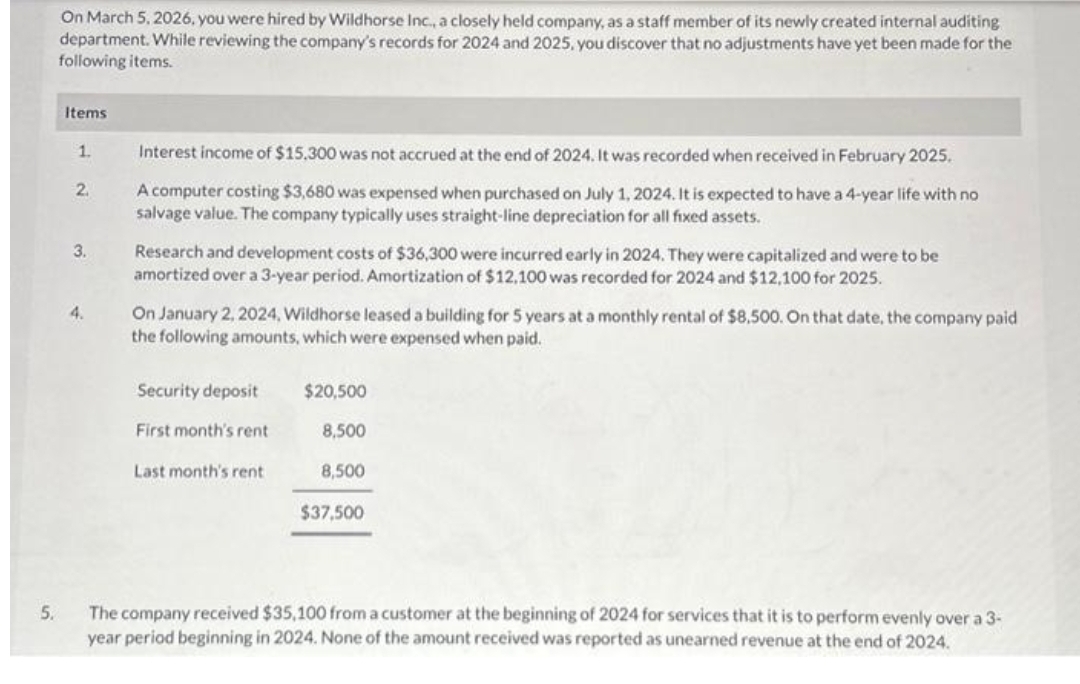 5.
On March 5, 2026, you were hired by Wildhorse Inc., a closely held company, as a staff member of its newly created internal auditing
department. While reviewing the company's records for 2024 and 2025, you discover that no adjustments have yet been made for the
following items.
Items
1.
2.
3.
4.
Interest income of $15.300 was not accrued at the end of 2024. It was recorded when received in February 2025.
A computer costing $3,680 was expensed when purchased on July 1, 2024. It is expected to have a 4-year life with no
salvage value. The company typically uses straight-line depreciation for all fixed assets.
Research and development costs of $36,300 were incurred early in 2024. They were capitalized and were to be
amortized over a 3-year period. Amortization of $12,100 was recorded for 2024 and $12,100 for 2025.
On January 2, 2024, Wildhorse leased a building for 5 years at a monthly rental of $8,500. On that date, the company paid
the following amounts, which were expensed when paid.
Security deposit
First month's rent
Last month's rent
$20,500
8,500
8,500
$37,500
The company received $35,100 from a customer at the beginning of 2024 for services that it is to perform evenly over a 3-
year period beginning in 2024. None of the amount received was reported as unearned revenue at the end of 2024.