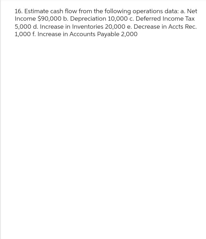 16. Estimate cash flow from the following operations data: a. Net
Income $90,000 b. Depreciation 10,000 c. Deferred Income Tax
5,000 d. Increase in Inventories 20,000 e. Decrease in Accts Rec.
1,000 f. Increase in Accounts Payable 2,000