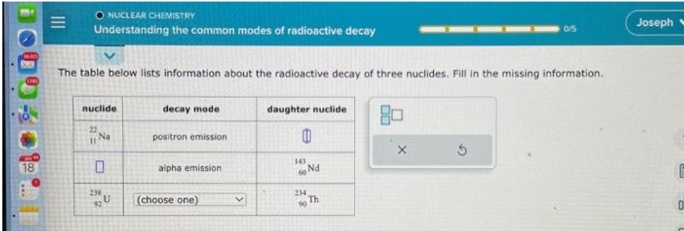 DO00301 ...
|||
O NUCLEAR CHEMISTRY
Understanding the common modes of radioactive decay
The table below lists information about the radioactive decay of three nuclides. Fill in the missing information.
nuclide
22
Na
0
decay mode
positron emission
alpha emission
(choose one)
daughter nuclide.
0
143
60 Nd
234
90 Th
0/5
X
Joseph
0