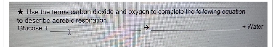 * Use the terms carbon dioxide and oxygen to complete the following equation
to describe aerobic respiration.
Glucose +
→
+ Water