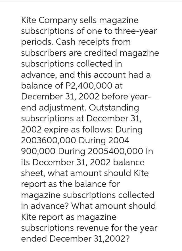 Kite Company sells magazine
subscriptions of one to three-year
periods. Cash receipts from
subscribers are credited magazine
subscriptions collected in
advance, and this account had a
balance of P2,400,000 at
December 31, 2002 before year-
end adjustment. Outstanding
subscriptions at December 31,
2002 expire as follows: During
2003600,000 During 2004
900,000 During 2005400,000 In
its December 31, 2002 balance
sheet, what amount should Kite
report as the balance for
magazine subscriptions collected
in advance? What amount should
Kite report as magazine
subscriptions revenue for the year
ended December 31,2002?