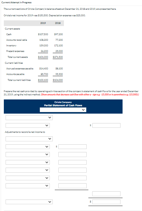 Current Attempt in Progress
The current sections of Oriale Company's balance sheets at December 31, 2018 and 2019, are presented here.
Oriole's net income for 2019 was $150,500. Depreciation expense was $25,000.
Current assets
Cash
Accounts receivable
Inventory
Prepaid expenses
Total current assets
Current liabilities
Accrued expenses payable
Accounts payable
Total current liabilities
2019
$107,500
$97,200
108,300
77,200
159,000
172,100
26,200
25,000
$401,000 $371,500
$14,400
85,700
$100,100
2018
$8,100
95,900
$104,000
Prepare the net cash provided by operating activities section of the company's statement of cash flows for the year ended December
31, 2019, using the indirect method. (Show amounts that decrease cash flow with either a-sign eg-15,000 or in parenthesis eg. (15,000))
Adjustments to reconcile net income to
Oriole Company
Partial Statement of Cash Flows
JOONI
$