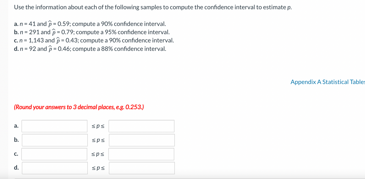 Use the information about each of the following samples to compute the confidence interval to estimate p.
a. n = 41 and p = 0.59; compute a 90% confidence interval.
b. n = 291 and p = 0.79; compute a 95% confidence interval.
c. n = 1,143 and p = 0.43; compute a 90% confidence interval.
d. n = 92 and p = 0.46; compute a 88% confidence interval.
(Round your answers to 3 decimal places, e.g. 0.253.)
a.
b.
C.
d.
≤p≤
≤p≤
≤ps
≤ps
Appendix A Statistical Tables