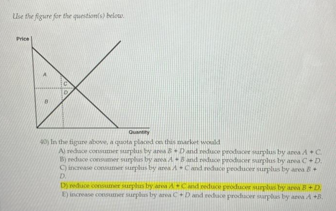 Use the figure for the question(s) below.
Price
A
B
Quantity
40) In the figure above, a quota placed on this market would
A) reduce consumer surplus by area B + D and reduce producer surplus by area A + C.
B) reduce consumer surplus by area A + B and reduce producer surplus by area C + D.
C) increase consumer surplus by area A + C and reduce producer surplus by area B+
D.
D) reduce consumer surplus by area A + C and reduce producer surplus by area B + D.
E) increase consumer surplus by area C + D and reduce producer surplus by area A+B.