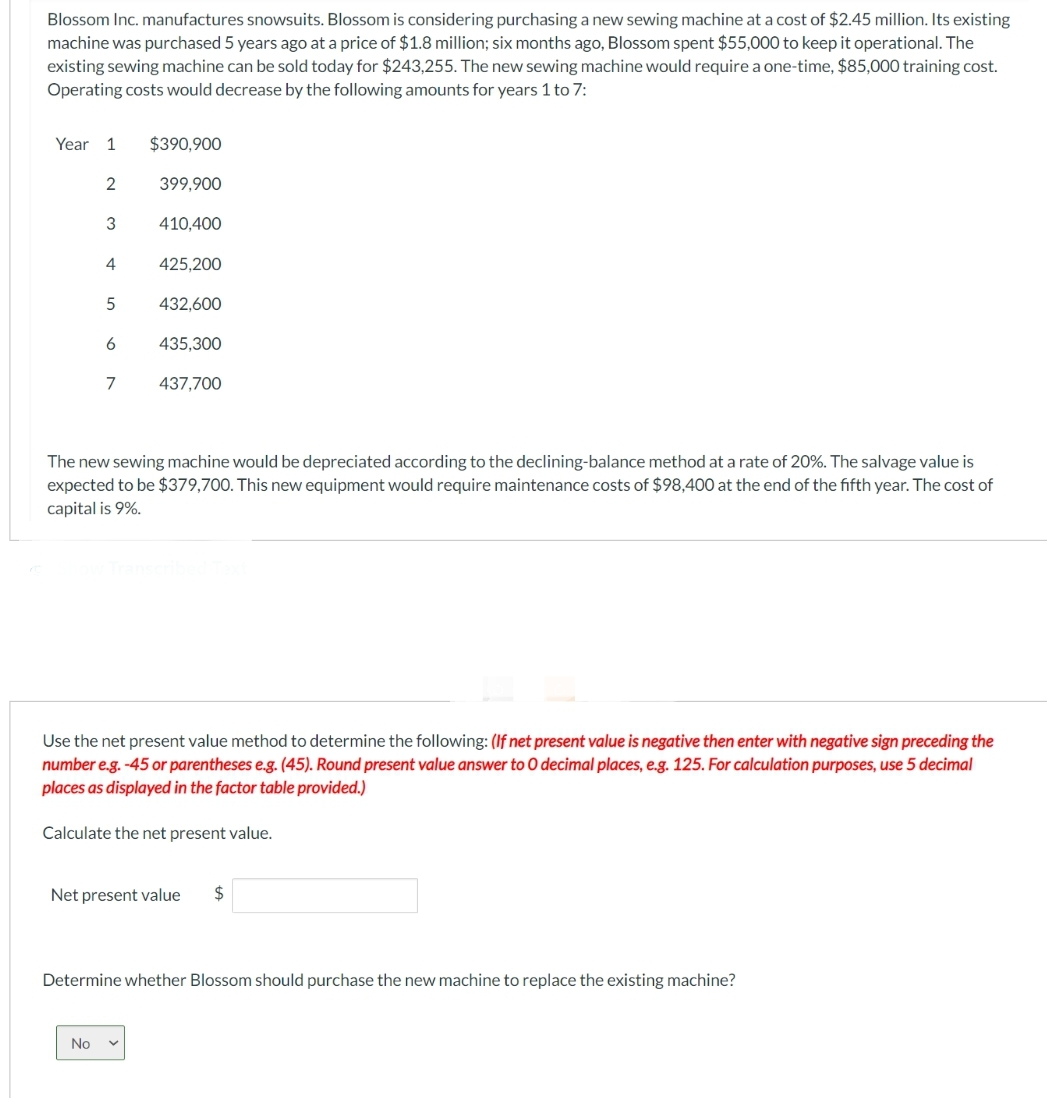 Blossom Inc. manufactures snowsuits. Blossom is considering purchasing a new sewing machine at a cost of $2.45 million. Its existing
machine was purchased 5 years ago at a price of $1.8 million; six months ago, Blossom spent $55,000 to keep it operational. The
existing sewing machine can be sold today for $243,255. The new sewing machine would require a one-time, $85,000 training cost.
Operating costs would decrease by the following amounts for years 1 to 7:
Year 1
2
3
4
5
6
No
7
$390,900
399,900
410,400
425,200
432,600
435,300
437,700
The new sewing machine would be depreciated accord g to the declining-balance method at a rate of 20%. The salvag value is
expected to be $379,700. This new equipment would require maintenance costs of $98,400 at the end of the fifth year. The cost of
capital is 9%.
Use the net present value method to determine the following: (If net present value is negative then enter with negative sign preceding the
number e.g. -45 or parentheses e.g. (45). Round present value answer to O decimal places, e.g. 125. For calculation purposes, use 5 decimal
places as displayed in the factor table provided.)
Calculate the net present value.
Net present value $
Determine whether Blossom should purchase the new machine to replace the existing machine?