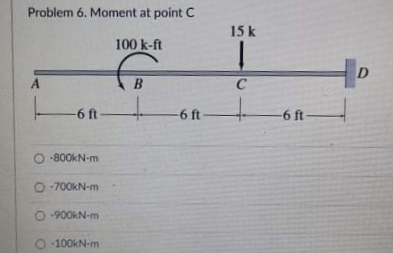 Problem 6. Moment at point C
15 k
100 k-ft
A
C
-6 ft-
-6 ft-
-6 ft
-800KN-m
O -700KN-m
-900kN-m
-100kN-m
