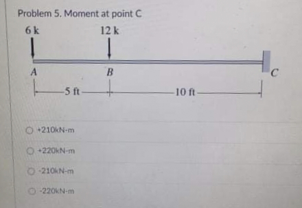 Problem 5. Moment at point C
6k
12 k
B
-5 ft
10 ft
O +210KN-m
O +220KN-m
O-210KN-m
O-220KN-m
