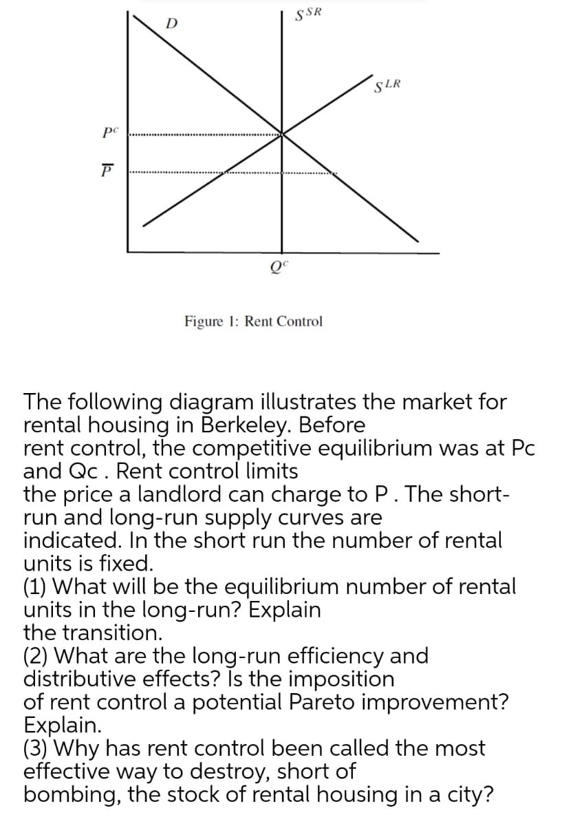 S SR
D
SLR
pc
P
Q°
Figure 1: Rent Control
The following diagram illustrates the market for
rental housing in Berkeley. Before
rent control, the competitive equilibrium was at Pc
and Qc. Rent control limits
the price a landlord can charge to P. The short-
run and long-run supply curves are
indicated. In the short run the number of rental
units is fixed.
(1) What will be the equilibrium number of rental
units in the long-run? Explain
the transition.
(2) What are the long-run efficiency and
distributive effects? İs the imposition
of rent control a potential Pareto improvement?
Explain.
(3) Why has rent control been called the most
effective way to destroy, short of
bombing, the stock of rental housing in a city?
