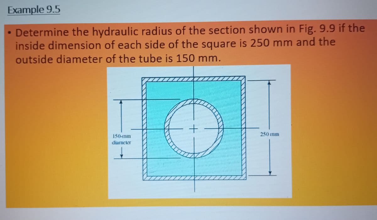 Example 9.5
• Determine the hydraulic radius of the section shown in Fig. 9.9 if the
inside dimension of each side of the square is 250 mm and the
outside diameter of the tube is 150 mm.
D
150-mm
diameter
250 mm