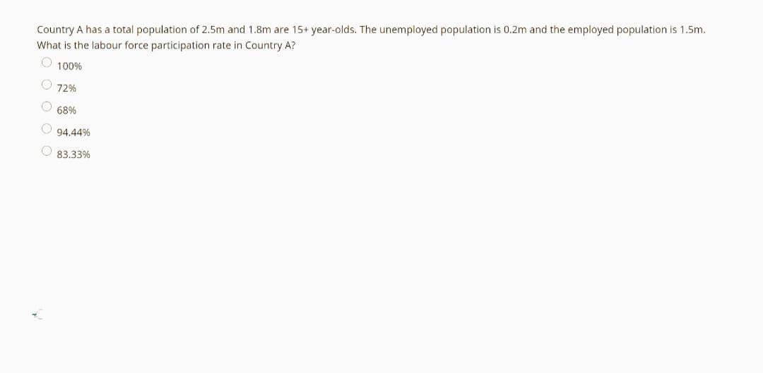 Country A has a total population of 2.5m and 1.8m are 15+ year-olds. The unemployed population is 0.2m and the employed population is 1.5m.
What is the labour force participation rate in Country A?
O 100%
72%
68%
94.44%
83.33%
