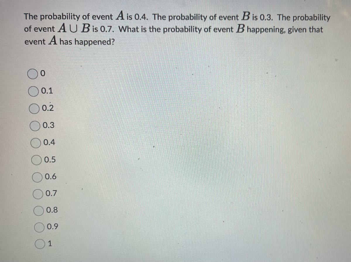 The probability of event A is 0.4. The probability of event B is 0.3. The probability
of event A UB is 0.7. What is the probability of event B happening, given that
event A has happened?
0.1
0.2
0.3
0.4
0.5
0.6
0.7
0.8
0.9
1