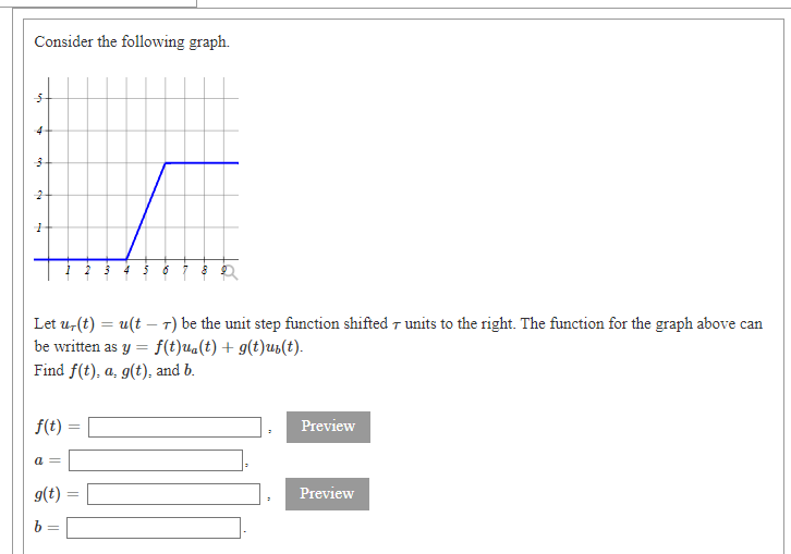 Consider the following graph.
5
4
1
T
Let ur(t) = u(t) be the unit step function shifted 7 units to the right. The function for the graph above can
be written as y = f(t)ua(t) + g(t)uz(t).
Find f(t), a, g(t), and b.
f(t)=
Preview
a =
g(t) =
=
Preview
=
m
Ga
-