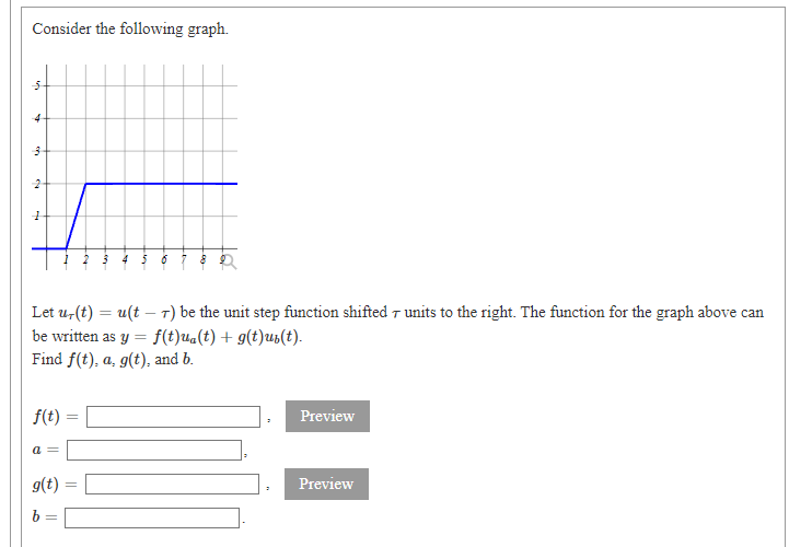 Consider the following graph.
Let u-(t) = u(t – 7) be the unit step function shifted 7 units to the right. The function for the graph above can
be written as y = f(t)u«(t) + g(t)uz(t).
Find f(t), a, g(t), and b.
f(t)
Preview
a =
g(t)
Preview
1.
