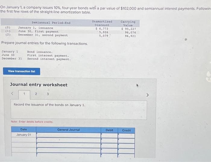 On January 1, a company issues 10%, four-year bonds with a par value of $102,000 and semiannual interest payments. Followin
the first few rows of the straight-line amortization table.
(0)
(1)
(2)
January 1, issuance
June 30, first payment
December 31, second payment
Prepare journal entries for the following transactions.
Semiannual Period-End
January 1 Bond issuance.
June 30
First interest payment.
December 31 Second interest payment.
View transaction list
Journal entry worksheet
<
1
2
Date
January 01
3
Record the issuance of the bonds on January 1.
Note: Enter debits before credits.
General Journal
Unamortized
Discount
$ 6,773
5,926
5,079
Debit
Carrying
Value
$ 95,227
96,074
96,921
Credit