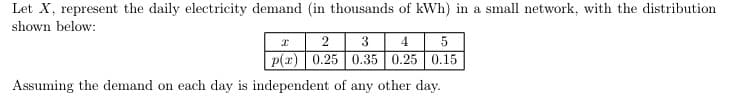 Let X, represent the daily electricity demand (in thousands of kWh) in a small network, with the distribution
shown below:
I
2
3
4
5
p(x) 0.25 0.35 0.25 0.15
Assuming the demand on each day is independent of any other day.